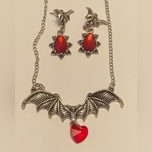 Red goth vampire bat necklace and earring set